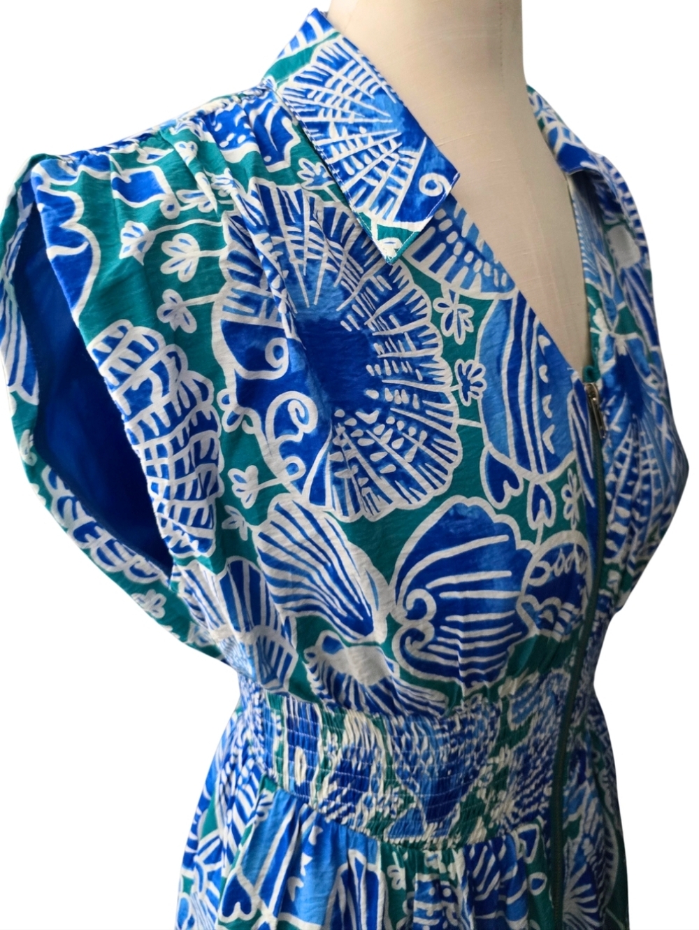 Umgee Blue Seashell Print Dress Coastal Beach Smocked Waist Zip Front Small Midi - Picture 4 of 6